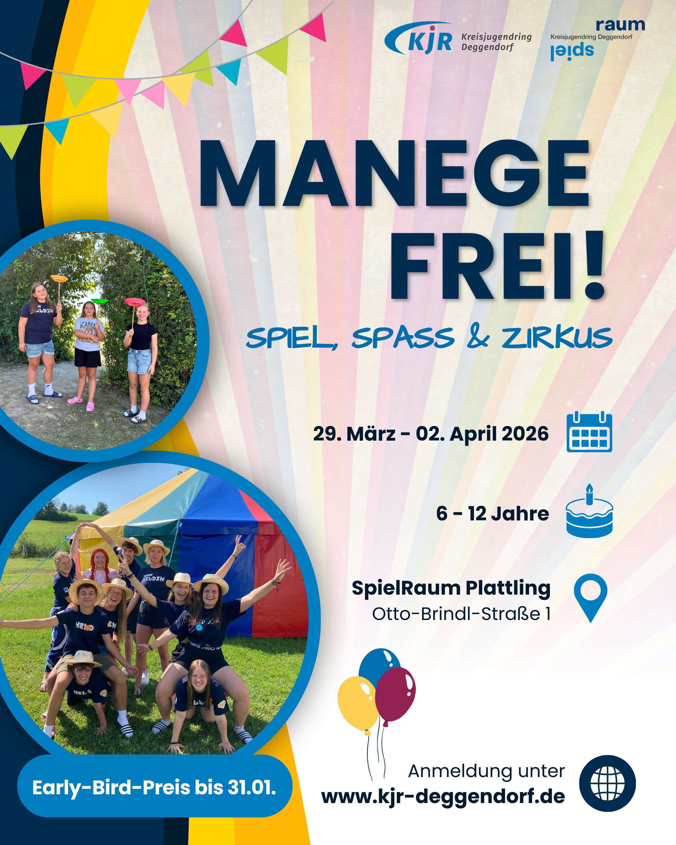 Flyer Osterfreizeit 2026 unter dem Motto "Manege frei - Spiel, Spaß & Zirkus". 6-12 Jahre.